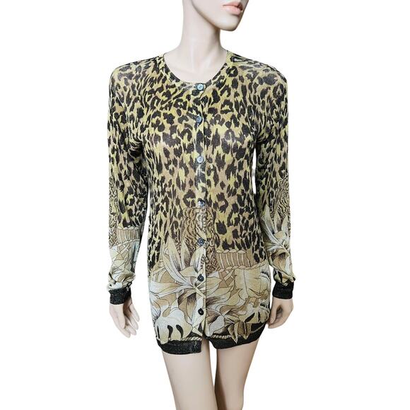 Vintage XXist Animal Print Cardigan Sweater Size S Long Sleeves Shell Buttons - Picture 1 of 16